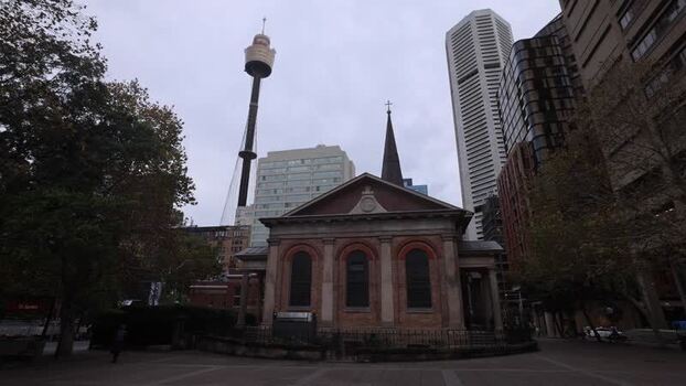 View of St. James Church and Sydney Tower Australia.