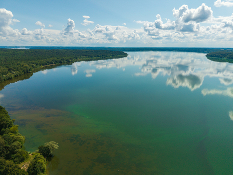 Aerial view of Kaunas Reservoir surrounded by lush green forests and calm waters reflecting the blue sky with white clouds in Kaunas Kaunas County Lithuania.