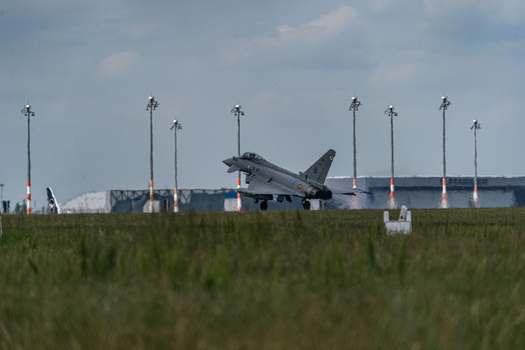 Berlin Berlin Germany 13 June 2026 View of a Eurofighter Typhoon performing a display at the ILA Berlin Air Show with airfield infrastructure and grassy foreground. Berlin Berlin Germany 13 June 2026 View of a Eurofighter Typhoon performing a display at the ILA Berlin Air Show with airfield infrastructure and grassy foreground.