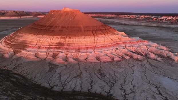 Aerial view of Mount Bokty at sunset Kazakhstan.