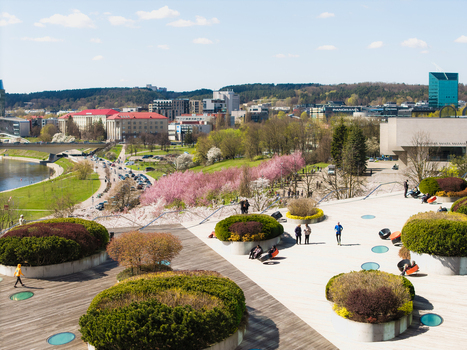 Vilnius Lithuania 20 April 2026 Aerial view of Chiune Sugihara Sakura Park with blooming cherry blossoms people walking on the terrace and the surrounding urban landscape. Vilnius Lithuania 20 April 2026 Aerial view of Chiune Sugihara Sakura Park with blooming cherry blossoms people walking on the terrace and the surrounding urban landscape.