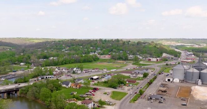 Aerial view of the town of Aurora and grain silos United States. Aerial view of the town of Aurora and grain silos United States.