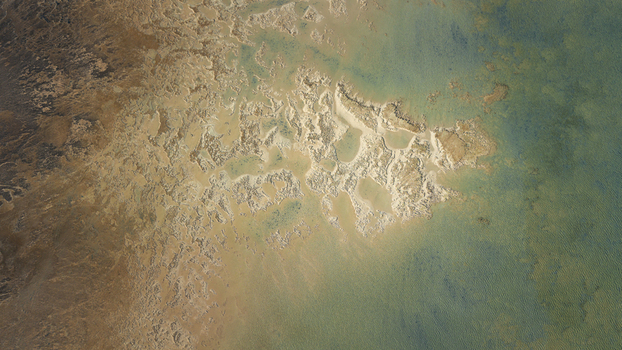 Aerial view of the intricate sand patterns and turquoise blue water along the coastline of Denham Western Australia Australia. Aerial view of the intricate sand patterns and turquoise blue water along the coastline of Denham Western Australia Australia.