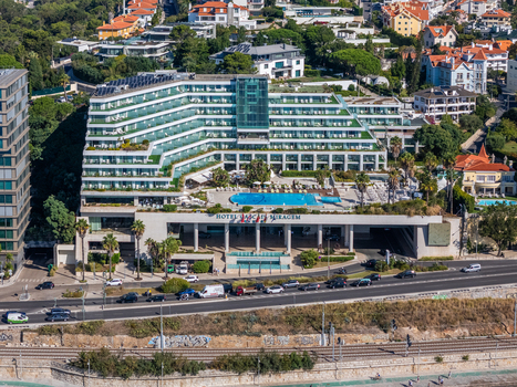 Cascais Portugal 23 September 2026 Aerial view of Hotel Cascais Miragem Health Spa with its modern architecture swimming pool and surrounding coastal urban landscape. Cascais Portugal 23 September 2026 Aerial view of Hotel Cascais Miragem Health Spa with its modern architecture swimming pool and surrounding coastal urban landscape.