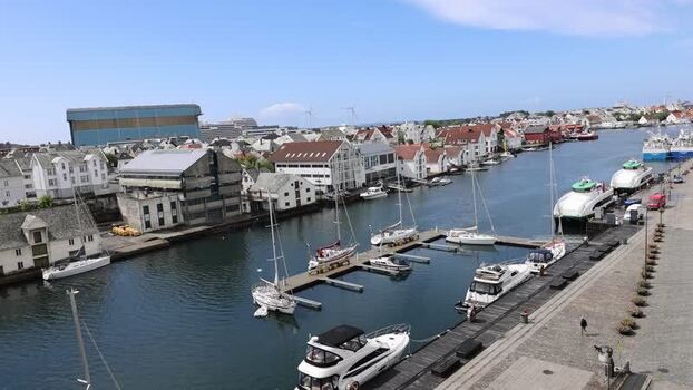 Aerial view of the harbor and waterfront in Haugesund Norway.