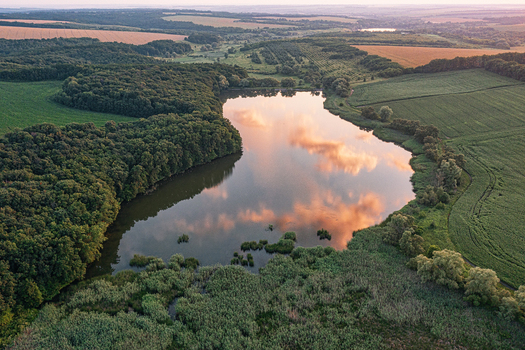 Aerial view of a tranquil lake reflecting the soft hues of the sky bordered by dark green forests and golden fields Chyhyryns kyi district Cherkasy Oblast Ukraine. Aerial view of a tranquil lake reflecting the soft hues of the sky bordered by dark green forests and golden fields Chyhyryns kyi district Cherkasy Oblast Ukraine.
