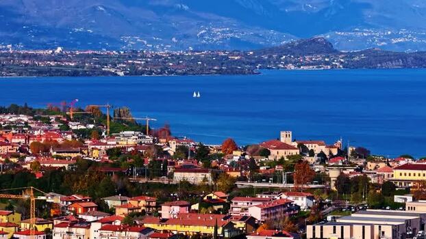 Aerial view of a town on the shores of Lake Garda Italy.