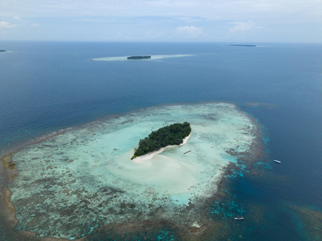 Aerial view of the small island with its lush green interior and surrounding turquoise waters Cemara Kecil Central Java Indonesia.
