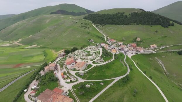Aerial view of Castelluccio village in the mountains Italy.