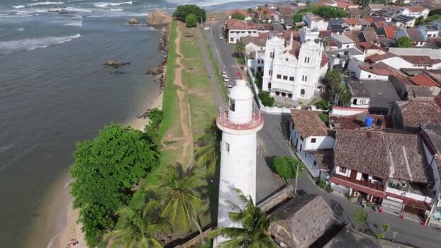 Aerial view of Colombo Lighthouse and coastal road Sri Lanka.