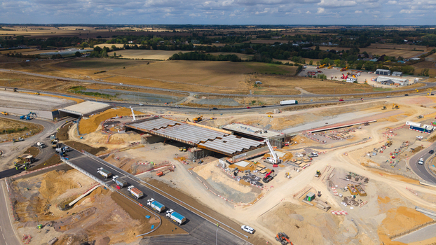Aerial view of Black Cat Roundabout highway construction showing heavy machinery bridge beams and road infrastructure development in Chawston England United Kingdom. Aerial view of Black Cat Roundabout highway construction showing heavy machinery bridge beams and road infrastructure development in Chawston England United Kingdom.