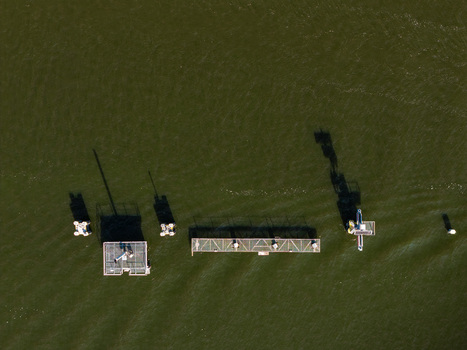 Aerial view of the Berlin Grunau Regatta Course featuring floating platforms and structures casting long shadows on the water surface in Berlin Berlin Germany. Aerial view of the Berlin Grunau Regatta Course featuring floating platforms and structures casting long shadows on the water surface in Berlin Berlin Germany.