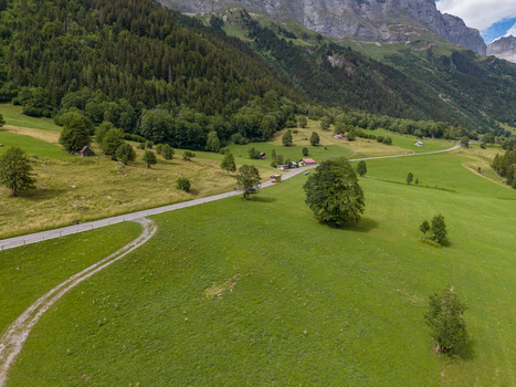 Aerial view of a winding road through the lush green valley of Gadmen Switzerland.