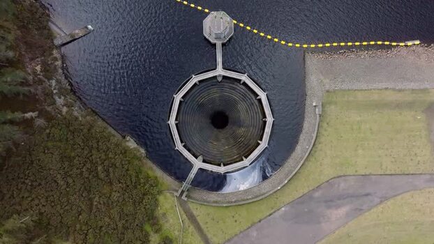 Aerial view of the spillway at Whiteadder Reservoir United Kingdom. Aerial view of the spillway at Whiteadder Reservoir United Kingdom.