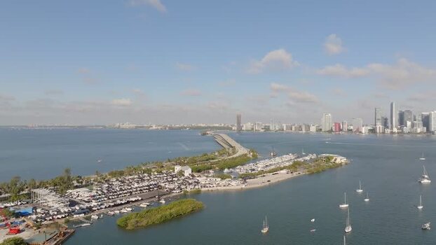 Aerial view of Miami skyline with Biscayne Bay Florida United States.
