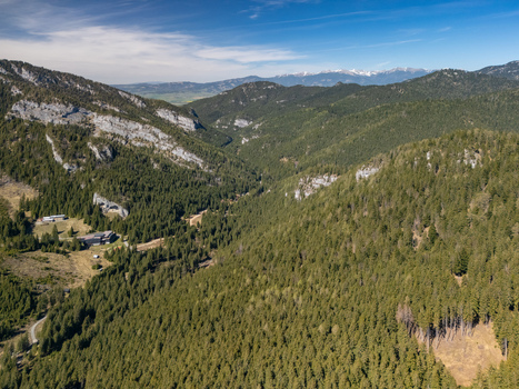 Aerial view of Demanovska Dolina valley with dense evergreen forests rocky cliffs and distant mountain peaks under a clear blue sky Demanovska Dolina Zilina Region Slovakia. Aerial view of Demanovska Dolina valley with dense evergreen forests rocky cliffs and distant mountain peaks under a clear blue sky Demanovska Dolina Zilina Region Slovakia.