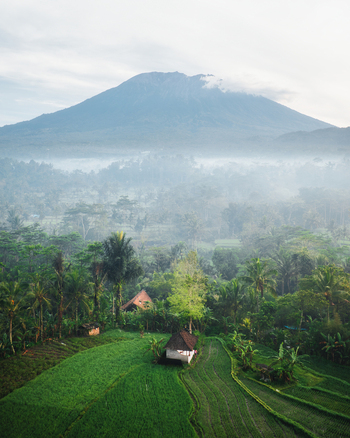 Aerial view of Mount Agung rising above the lush green rice terraces and tropical palm trees in the misty valley of Sidemen Bali Indonesia. Aerial view of Mount Agung rising above the lush green rice terraces and tropical palm trees in the misty valley of Sidemen Bali Indonesia.