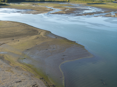 Aerial view of a winding river with exposed mudflats and shallow water channels flowing through a natural landscape in Poland. Aerial view of a winding river with exposed mudflats and shallow water channels flowing through a natural landscape in Poland.