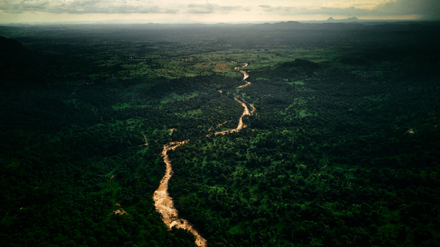 Aerial view of a sinuous river meanders through dense verdant forest creating a tapestry of light and shadow Nasarawa Nasarawa Nigeria. Aerial view of a sinuous river meanders through dense verdant forest creating a tapestry of light and shadow Nasarawa Nasarawa Nigeria.