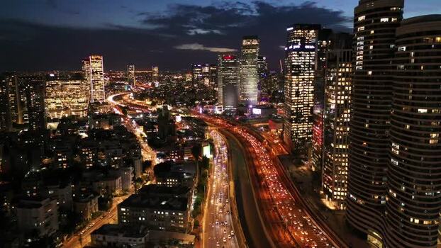 Aerial view of Tel Aviv skyscrapers and highway Israel.