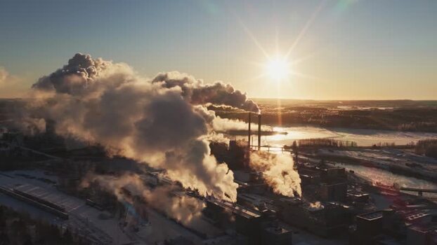 Aerial view of Metsa Board Aanekoski mill at sunset Finland.