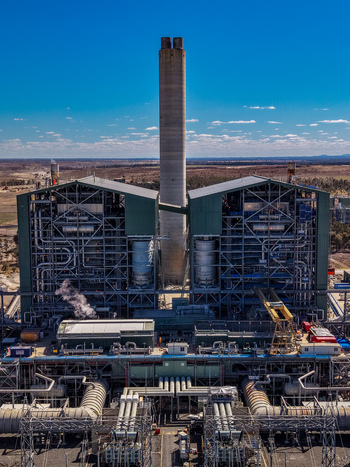 Aerial view of Millmerran Power Station with its tall chimney and industrial infrastructure surrounded by the landscape in Domville Queensland Australia. Aerial view of Millmerran Power Station with its tall chimney and industrial infrastructure surrounded by the landscape in Domville Queensland Australia.