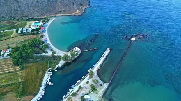 Aerial view of the harbor in Crete Greece.