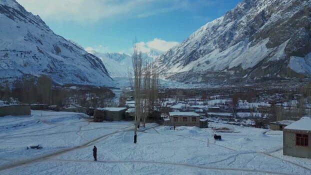 Aerial view of snow covered mountains Pakistan.
