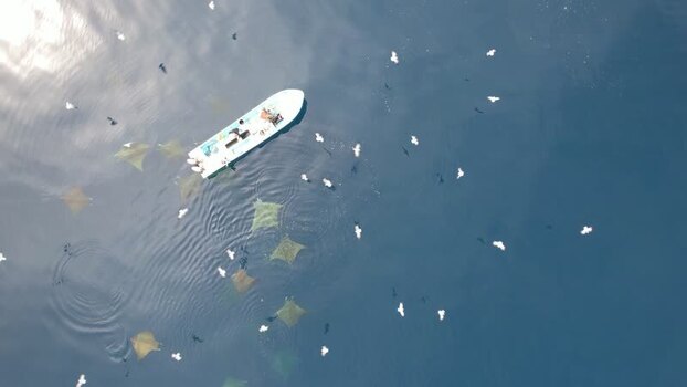 Aerial view of rays near a boat in Los Roques Venezuela.