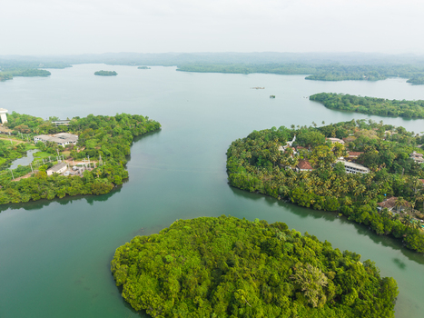 Aerial view of Koggala Lake with its lush green tropical islands and dense vegetation Koggala Southern Province Sri Lanka. Aerial view of Koggala Lake with its lush green tropical islands and dense vegetation Koggala Southern Province Sri Lanka.