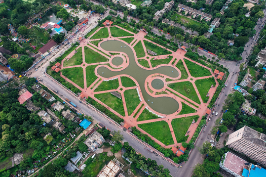 Chattogram Bangladesh 22 June 2022 Aerial view of the DC Hill Park with its geometric pathways central pond and surrounding urban landscape.