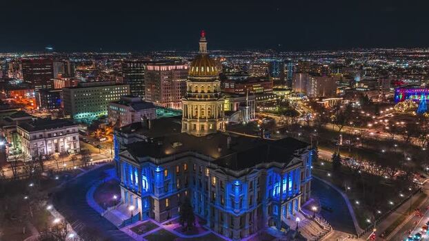 Aerial view of Colorado State Capitol at night United States.