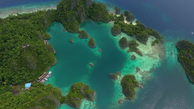 Aerial view of Piaynemo karst islands in Indonesia.