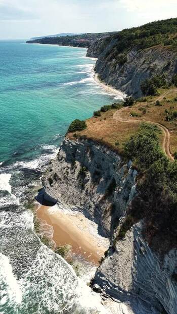 Aerial view of rugged coastal cliffs and sea Bulgaria.