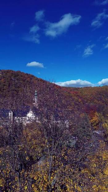 Aerial view of historic castle in autumn forest Hungary. Aerial view of historic castle in autumn forest Hungary.