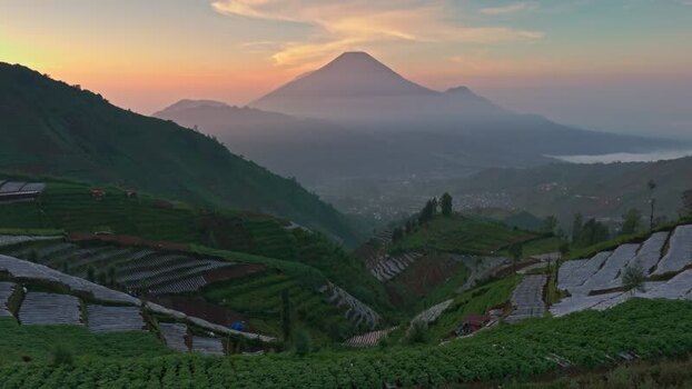 Aerial view of Dieng Plateau and Mount Sindoro Indonesia.