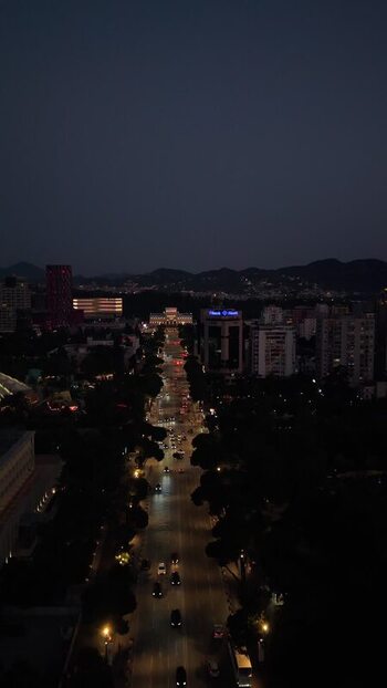 Aerial view of Tirane city streets at night Albania.