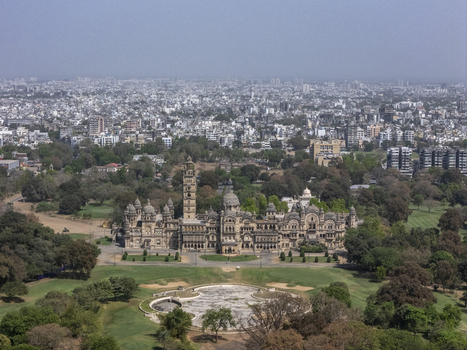 Vadodara India 14 March 2026 Aerial view of the Laxmi Vilas Palace featuring its ornate Indo Saracenic architecture sprawling green gardens and the dense urban skyline in the background. Vadodara India 14 March 2026 Aerial view of the Laxmi Vilas Palace featuring its ornate Indo Saracenic architecture sprawling green gardens and the dense urban skyline in the background.