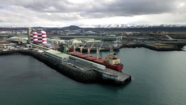 Aerial view of the port and industrial area in Hafnarfjordur Iceland.
