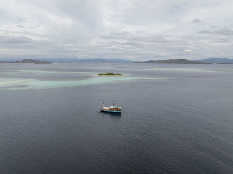Aerial view of a traditional wooden phinisi boat sailing in turquoise waters near Komodo Island with distant islands under a cloudy sky in Komodo East Nusa Tenggara Indonesia.