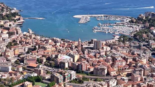 Aerial view of the coastal town of Rapallo and its busy harbor Italy.