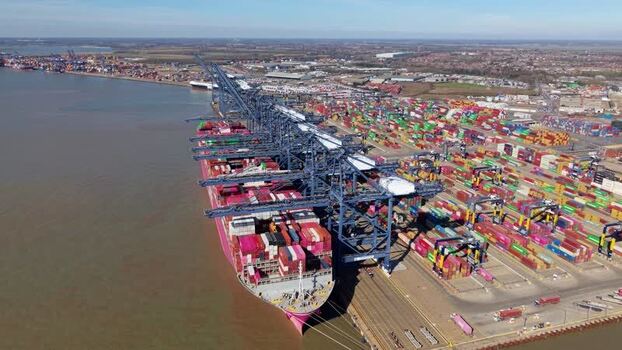 Aerial view of cranes and container ships United Kingdom.