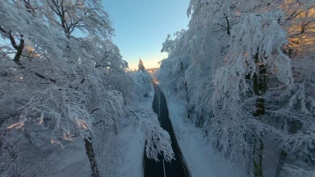 FPV aerial view of road through snowy forest Germany.
