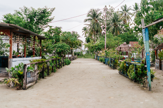 View of a sandy path lined with wooden fences and lush tropical vegetation leading towards palm trees on Raja Ampat island Southwest Papua Indonesia. View of a sandy path lined with wooden fences and lush tropical vegetation leading towards palm trees on Raja Ampat island Southwest Papua Indonesia.