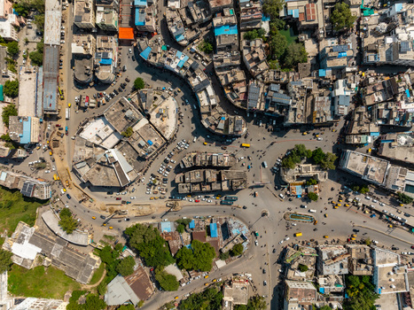 Aerial view of the dense urban landscape and busy intersection in Udaipur Rajasthan India.