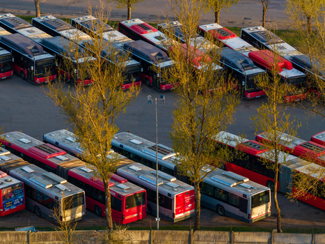 Vilnius County Lithuania 01 May 2026 Aerial view of rows of red and grey buses parked in a depot surrounded by trees during golden hour. Vilnius County Lithuania 01 May 2026 Aerial view of rows of red and grey buses parked in a depot surrounded by trees during golden hour.