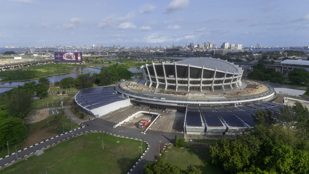 Aerial view of the Wole Soyinka Centre for Culture and Creative Arts National Theatre Nigeria with its unique architecture and surrounding greenery in Lagos Lagos Nigeria.