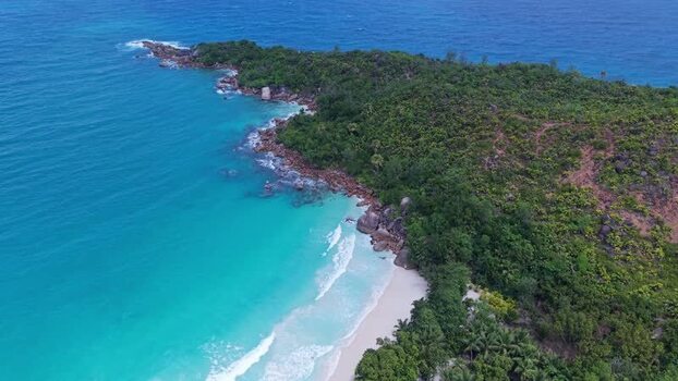 Aerial view of Anse Lazio beach Seychelles.