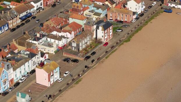 Aerial view of colorful buildings in Aldeburgh United Kingdom.