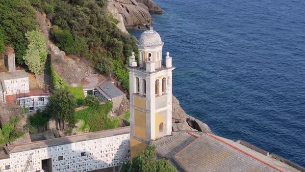 Aerial view of San Giorgio church on the cliffs of Portofino Italy. Aerial view of San Giorgio church on the cliffs of Portofino Italy.
